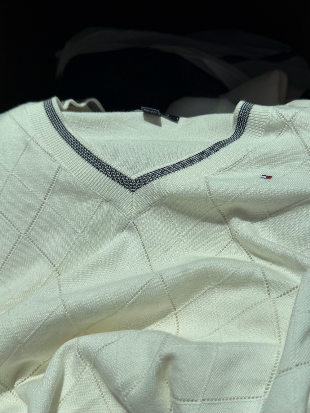 Tommy Hilfiger Cream V-Neck Sweater with Navy Trim